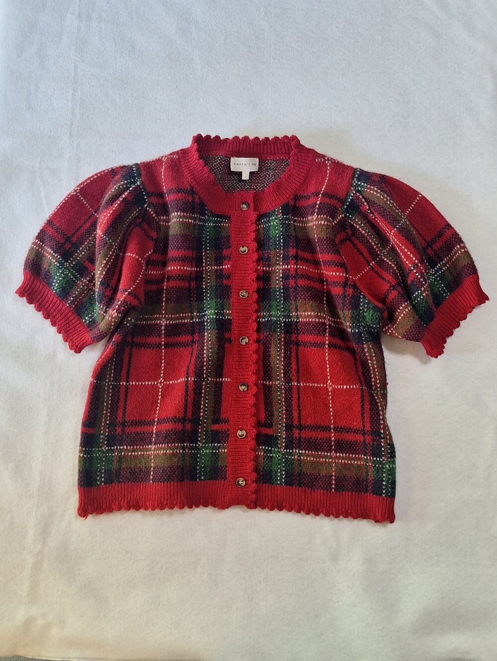 Entro Holiday Red Plaid Button Up Sweater Puff Sleeves Women’s Large L Christmas